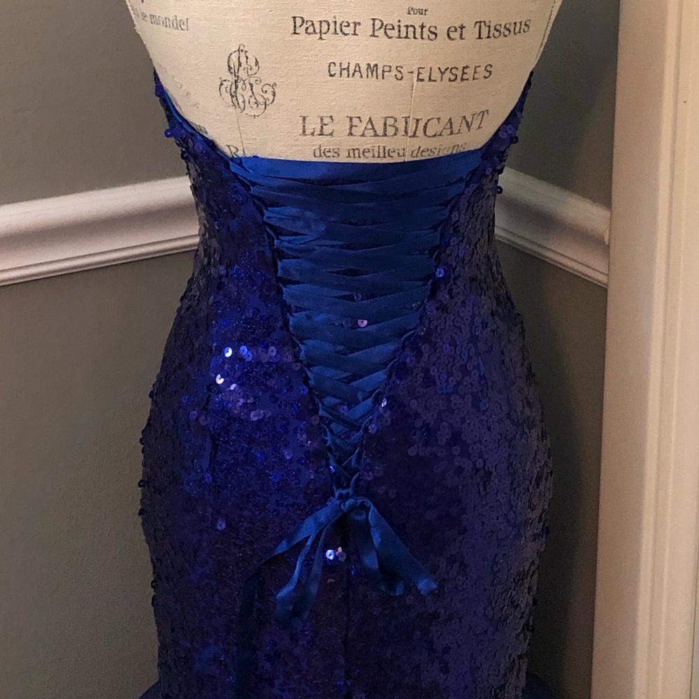 🔴CLEARANCE NEW TIFFANY DESIGNS SZ 2 ROYAL BLUE SEQUIN BEAD CORSET HIGH LOW GOWN - Picture 7 of 13